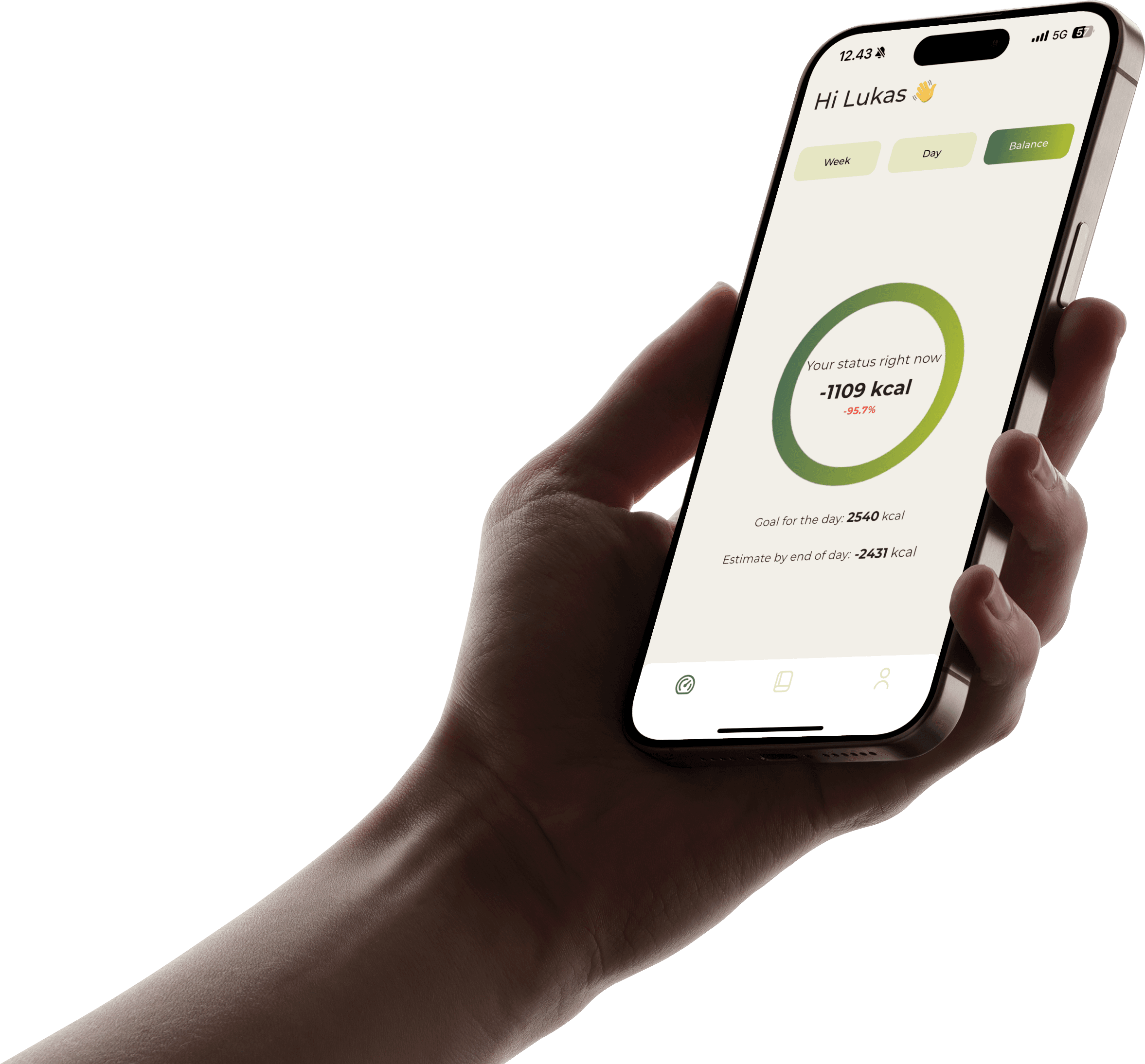 Mobile screen showing the Live-View in the Carboplanner app for a user named John. A green chart displays the current calorie balance with a label “Live status: +384 kcal.” The graph features a vertical yellow line and a scale from -1000 to +1000 calories, indicating real-time energy tracking.