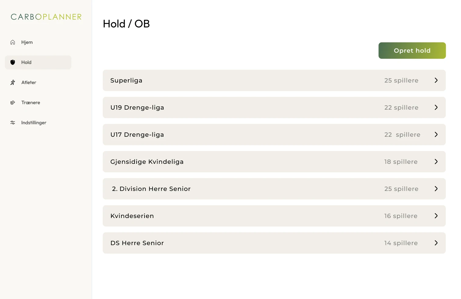 Carboplanner-app, der viser oversigt over fodboldhold i klubben OB – med lister over Superliga, U19, U17 og kvindehold. Navigationsmenu til venstre viser adgang til Hold, Spillere og Trænere.